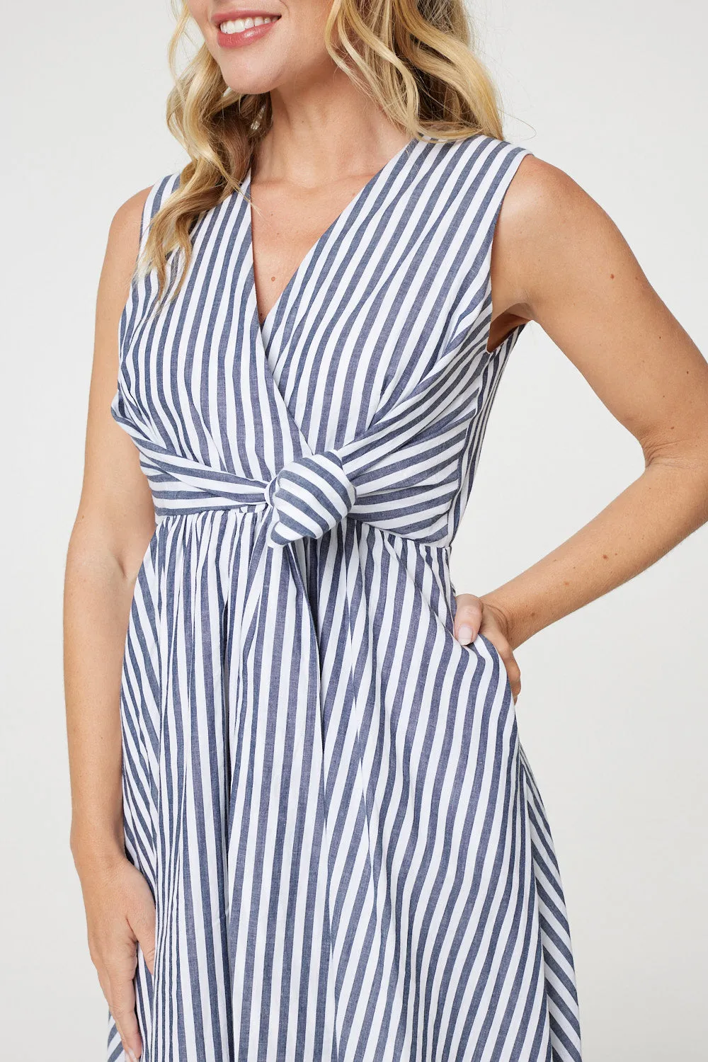 Striped Tie Waist Tiered Midi Dress