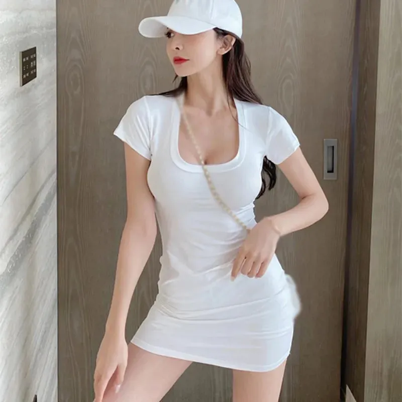 Summer Women Short Sleeve Dresses Ladies Solid Color U-Neck Bodycon Stretch Slim Mini Dress