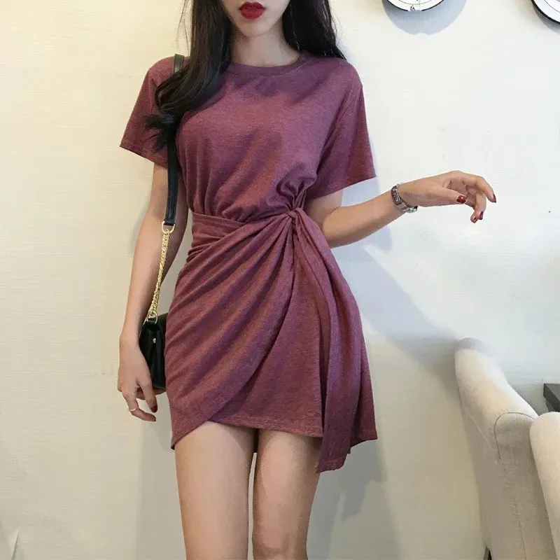 Summer Women Solid Color Dress Short Sleeve Mini Causal Dresses O-Neck Basic Bodycon Dresses