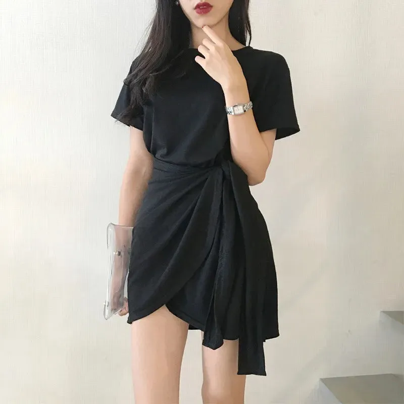 Summer Women Solid Color Dress Short Sleeve Mini Causal Dresses O-Neck Basic Bodycon Dresses