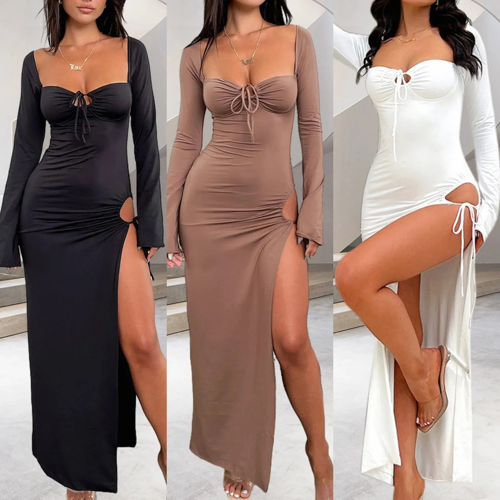 TAVIMART  -  Women Hollow Out Dress Slim Fit Sexy Bodycon Dress Pullover Skinny Pleated Dress Solid Color Club Party Dress