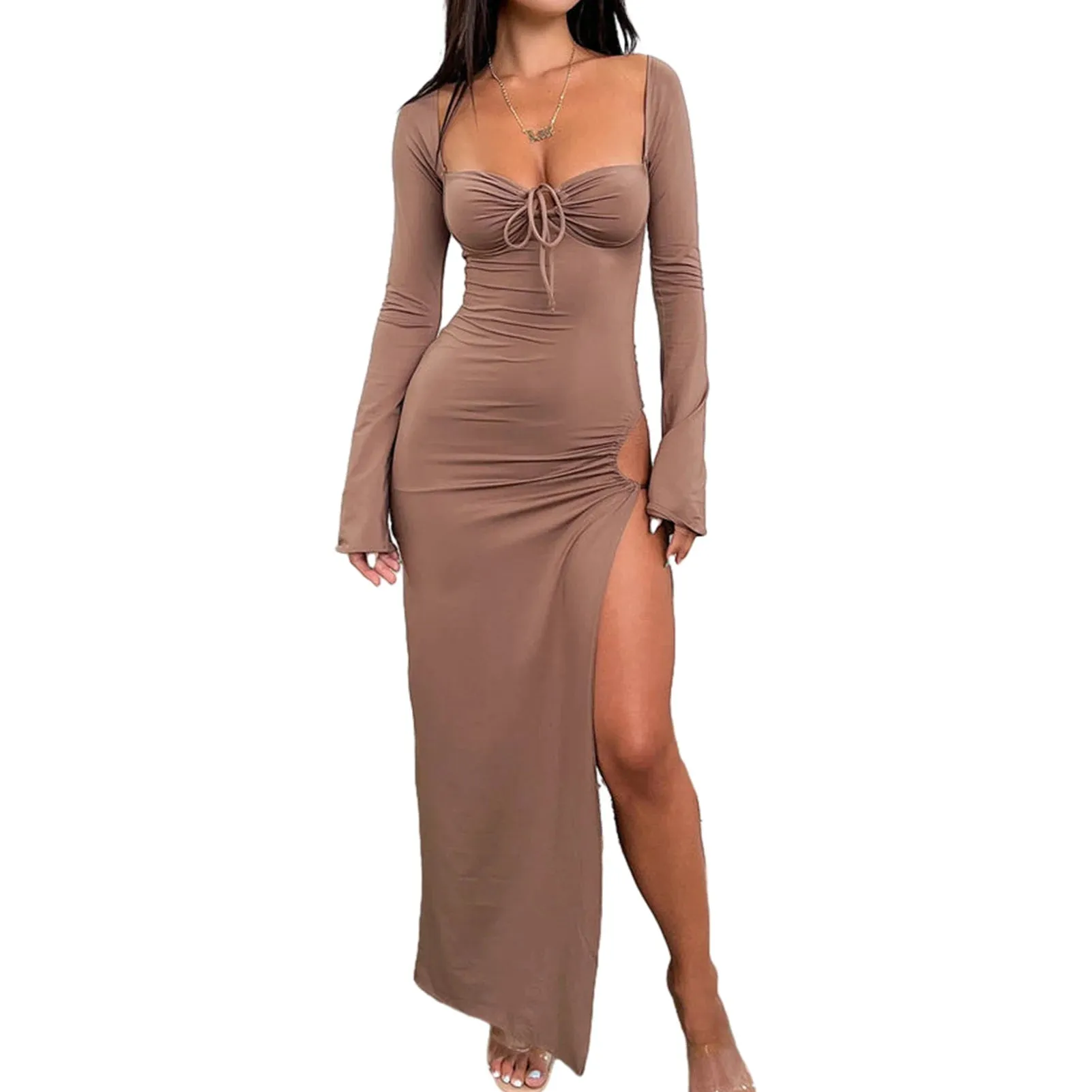 TAVIMART  -  Women Hollow Out Dress Slim Fit Sexy Bodycon Dress Pullover Skinny Pleated Dress Solid Color Club Party Dress