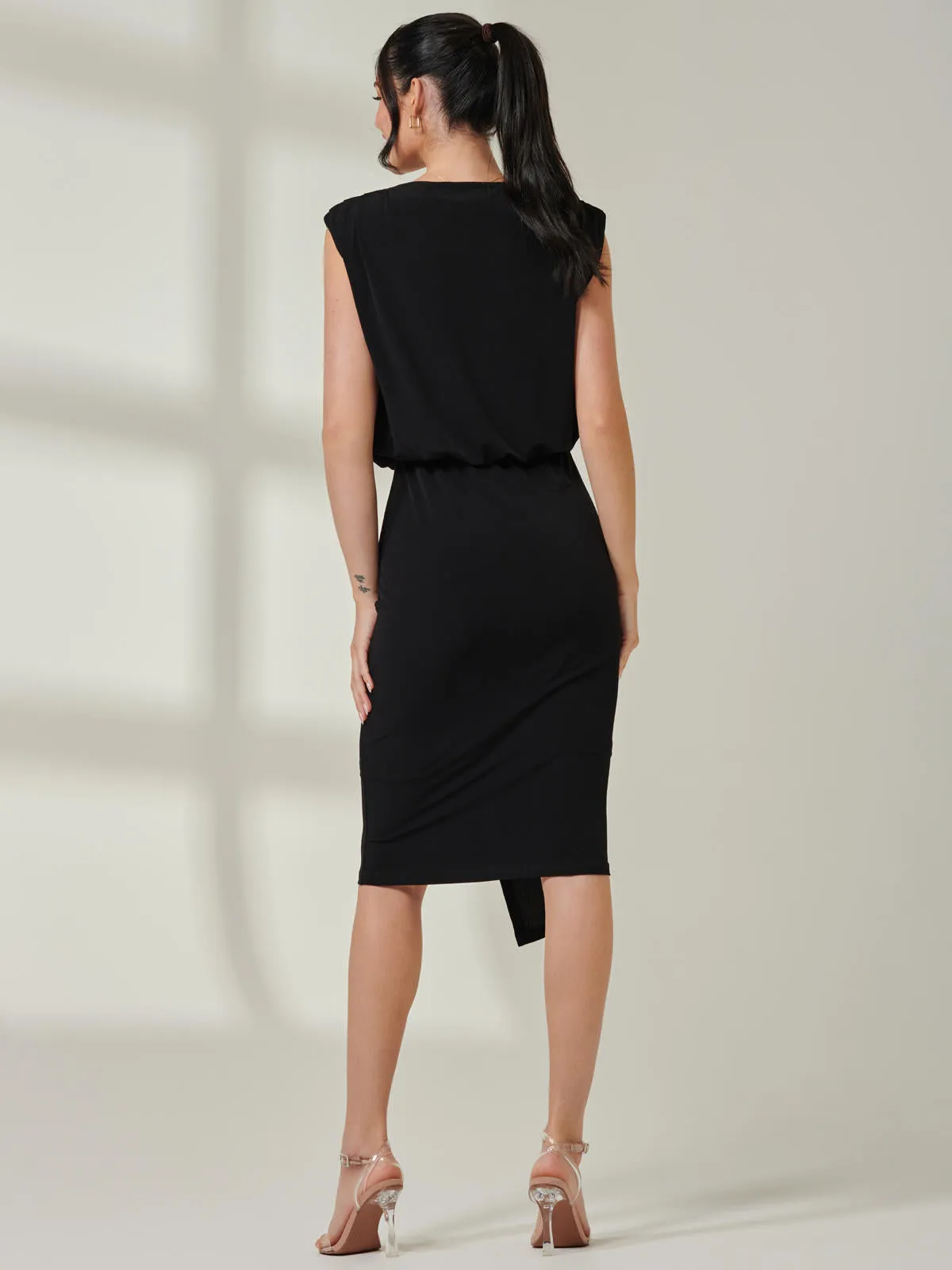 Tiered Draped Pencil Dress, Black