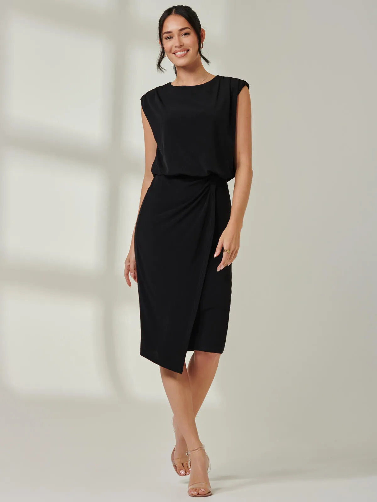 Tiered Draped Pencil Dress, Black