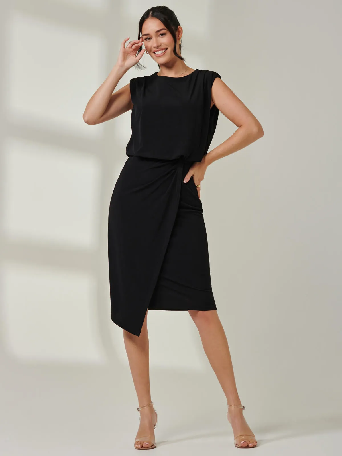 Tiered Draped Pencil Dress, Black