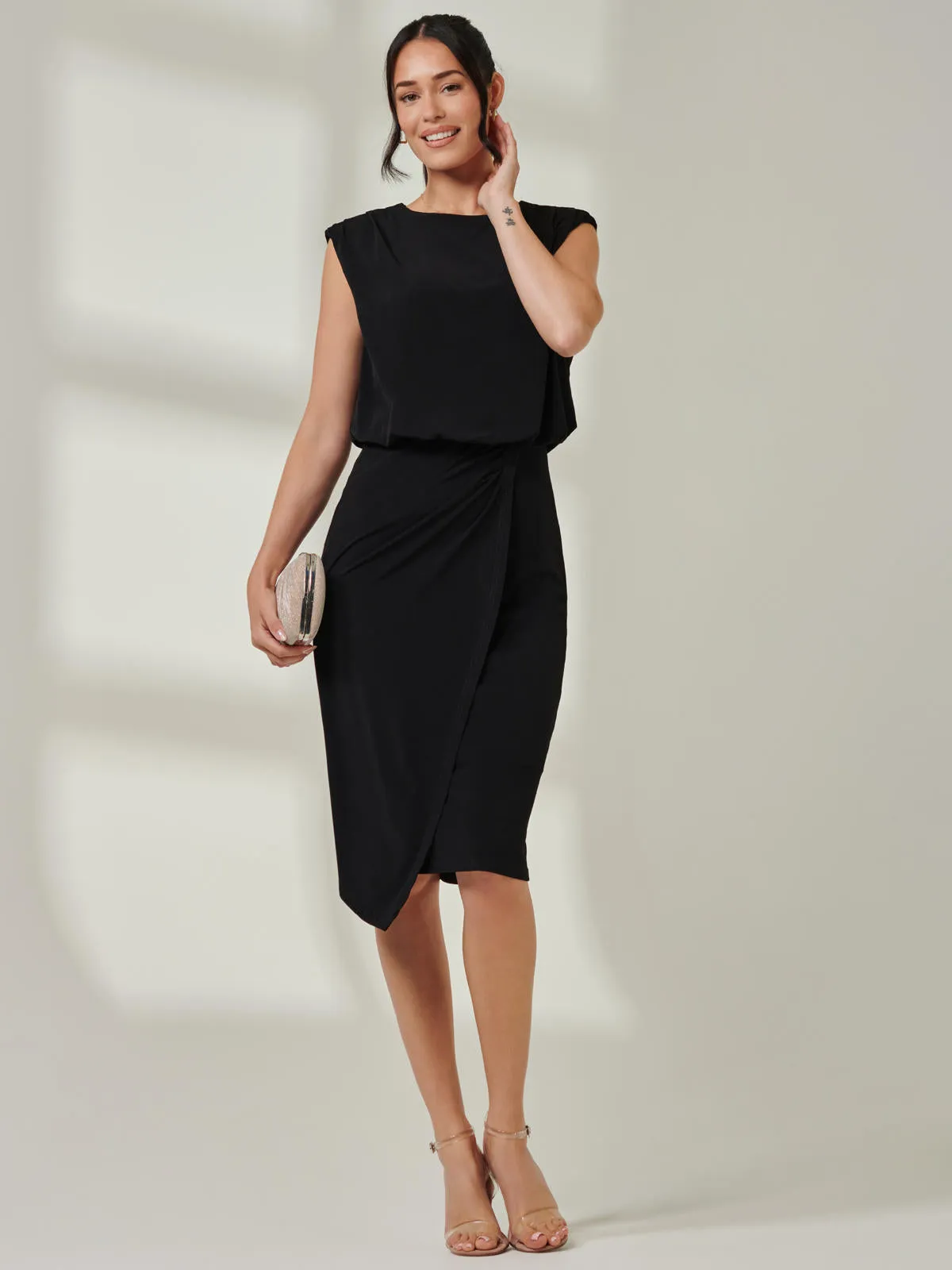 Tiered Draped Pencil Dress, Black