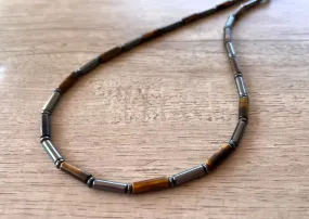 Tigers Eye Hematite Gray Brown Beaded Mens Necklace - Wyatt