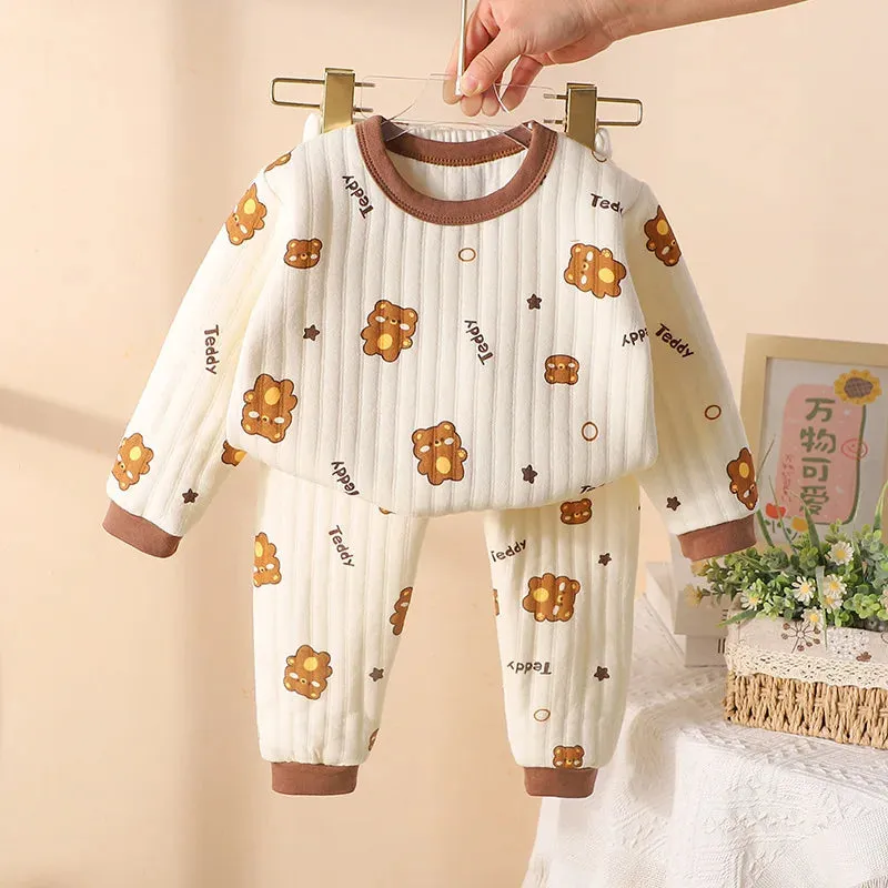 Toddler Girls Baby Fall Winter Padded Thermal Underwear Suit Boy Children Sleepwear Kids Cartoon Long-Sleeved Pure Cotton Pajama