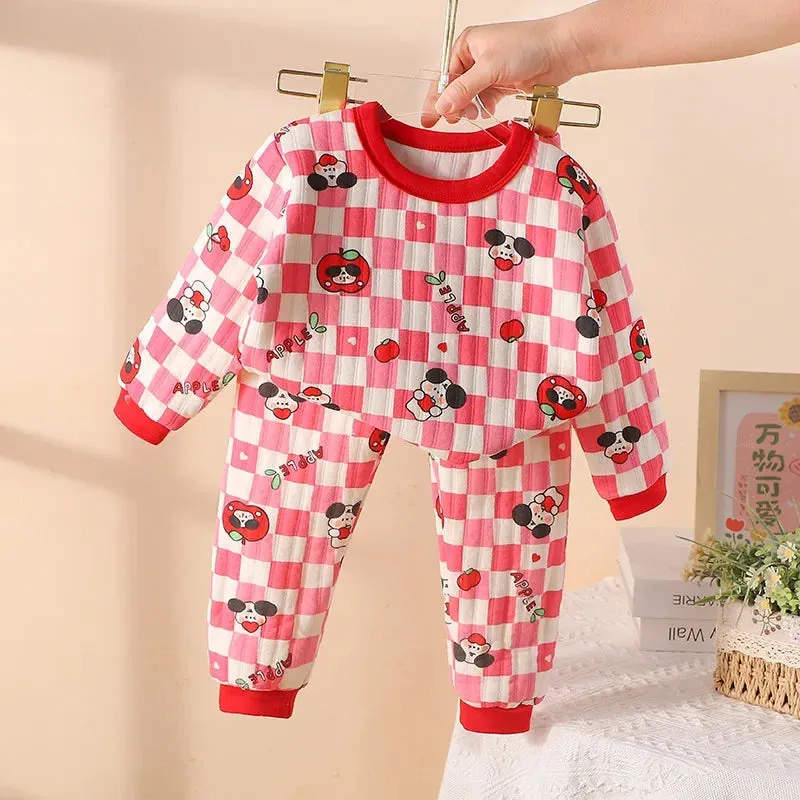 Toddler Girls Baby Fall Winter Padded Thermal Underwear Suit Boy Children Sleepwear Kids Cartoon Long-Sleeved Pure Cotton Pajama