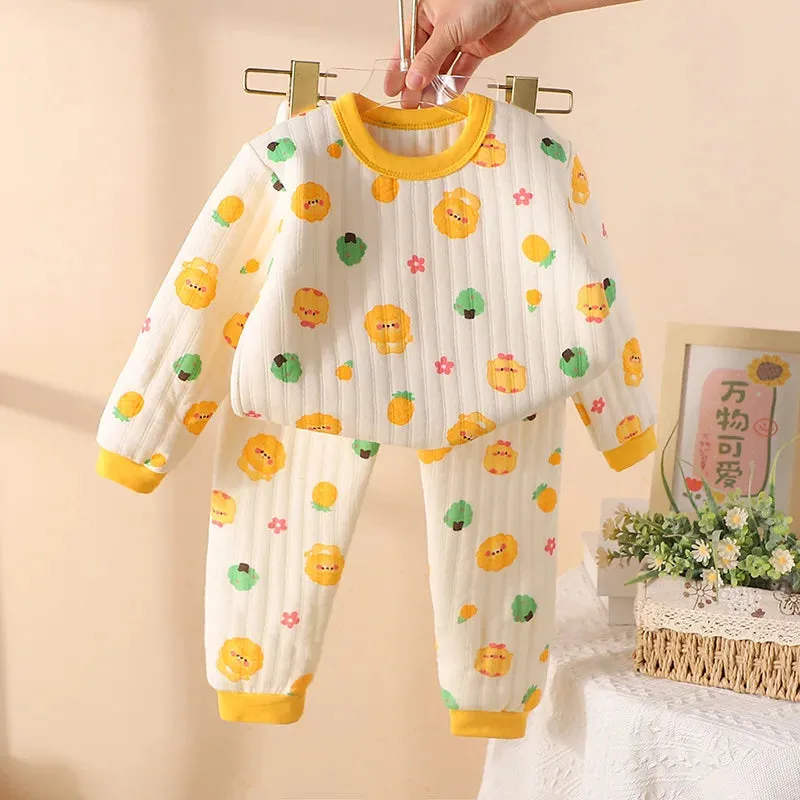 Toddler Girls Baby Fall Winter Padded Thermal Underwear Suit Boy Children Sleepwear Kids Cartoon Long-Sleeved Pure Cotton Pajama