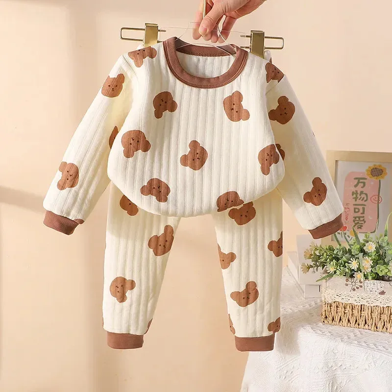 Toddler Girls Baby Fall Winter Padded Thermal Underwear Suit Boy Children Sleepwear Kids Cartoon Long-Sleeved Pure Cotton Pajama