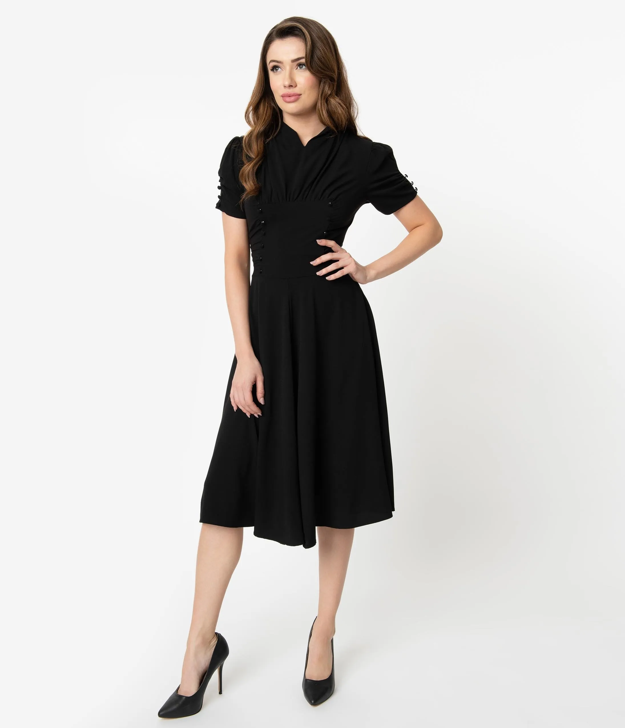 Unique Vintage 1940s Style Black Short Sleeve Camilla Midi Dress