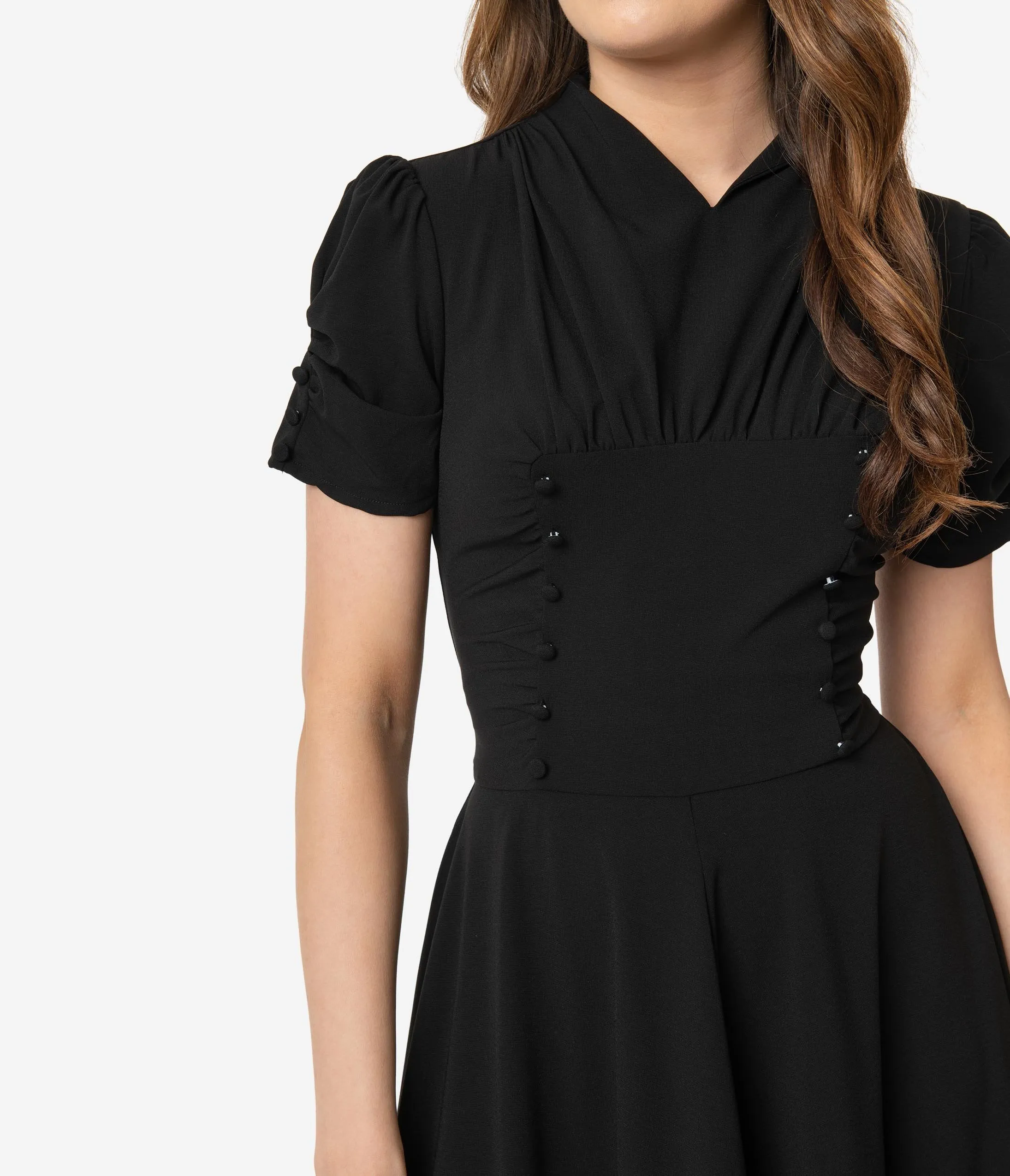 Unique Vintage 1940s Style Black Short Sleeve Camilla Midi Dress