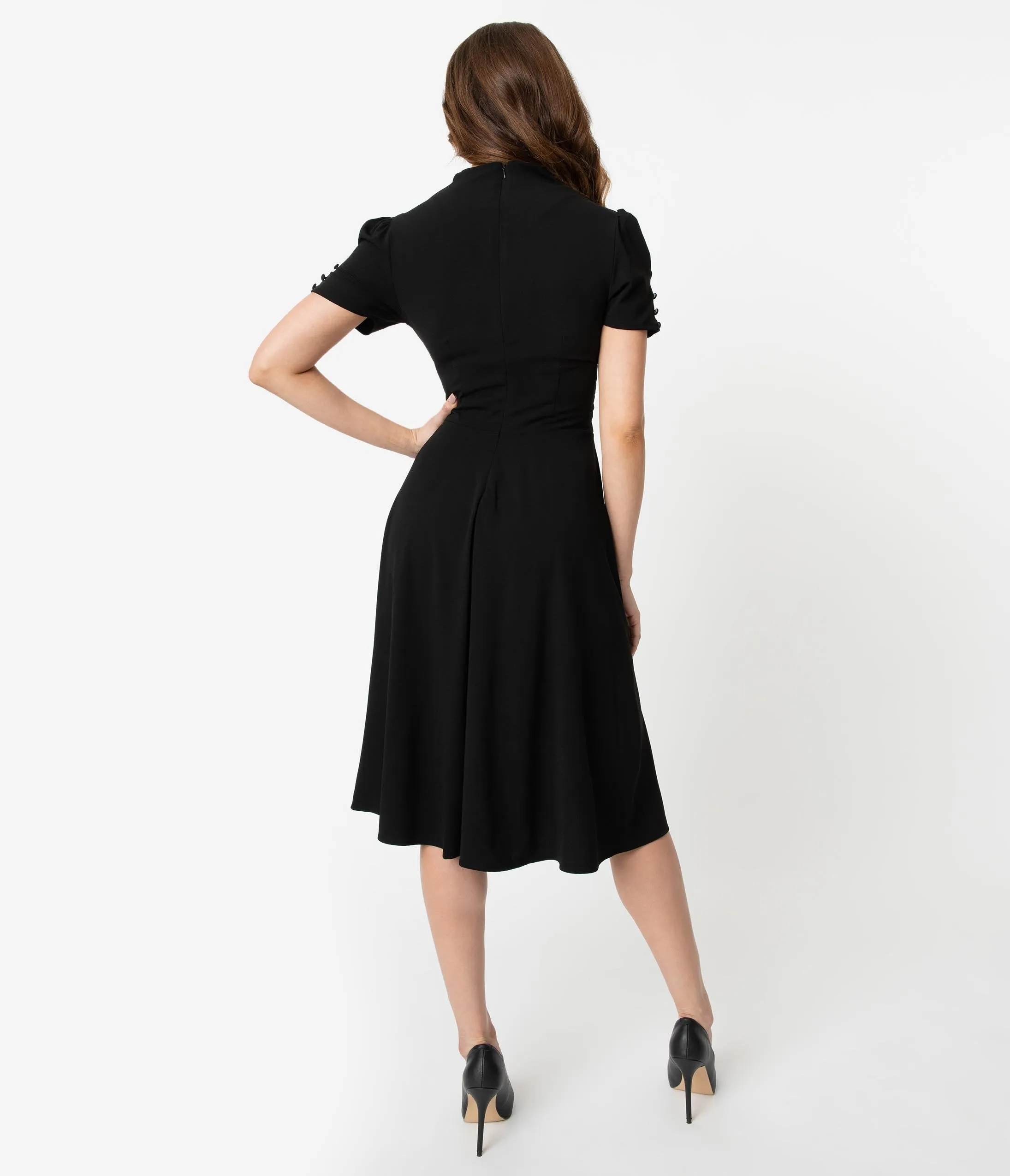 Unique Vintage 1940s Style Black Short Sleeve Camilla Midi Dress