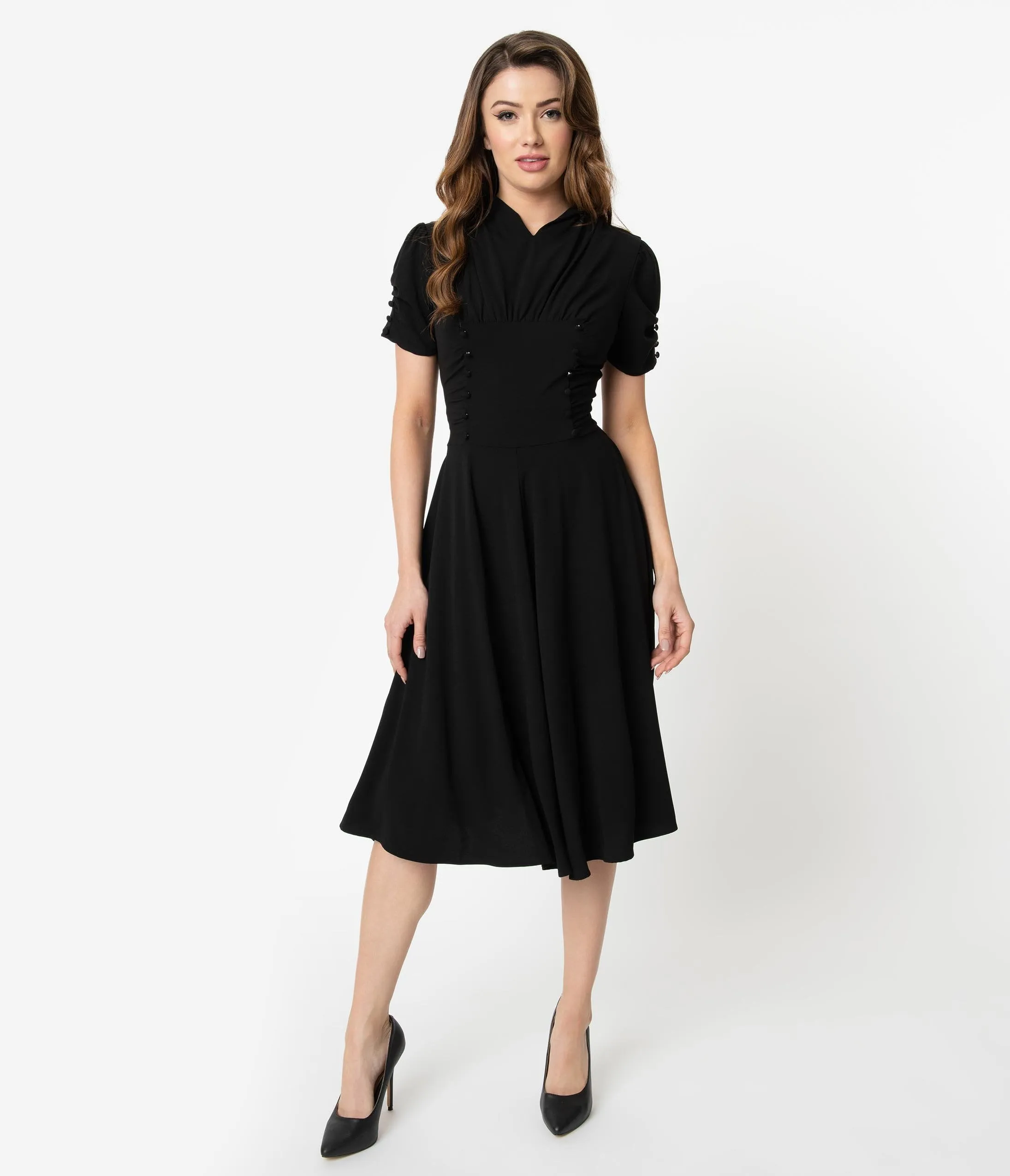 Unique Vintage 1940s Style Black Short Sleeve Camilla Midi Dress