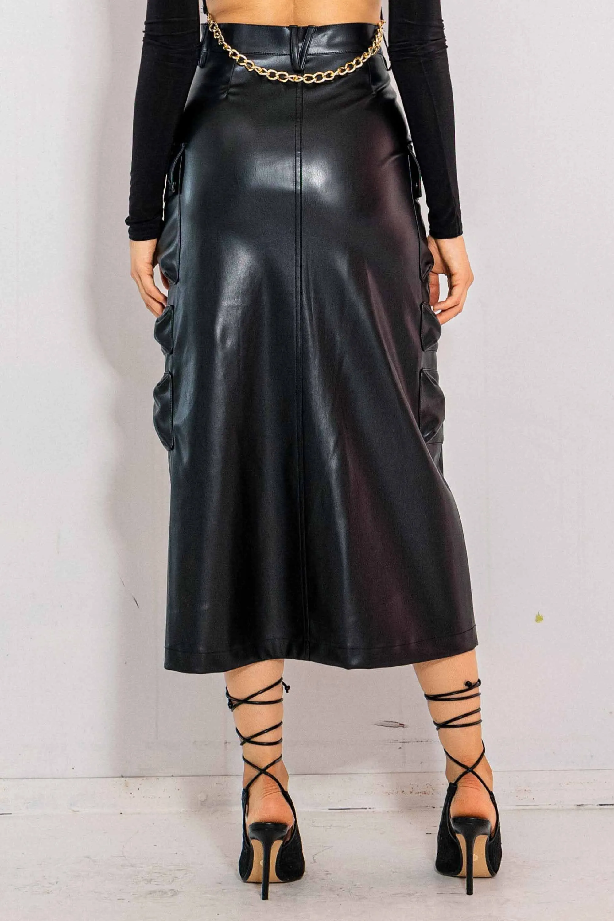 Vegan Leather Cargo Midi Skirt