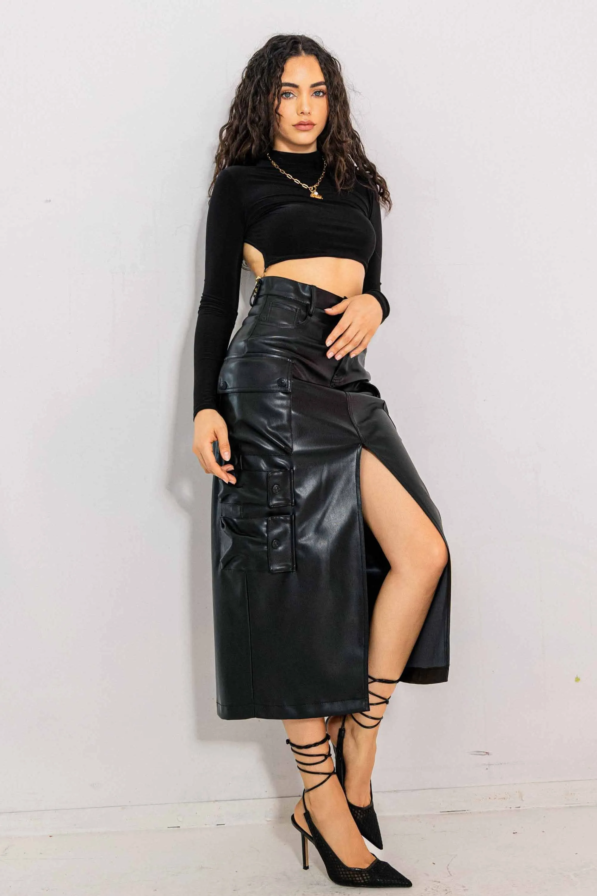 Vegan Leather Cargo Midi Skirt