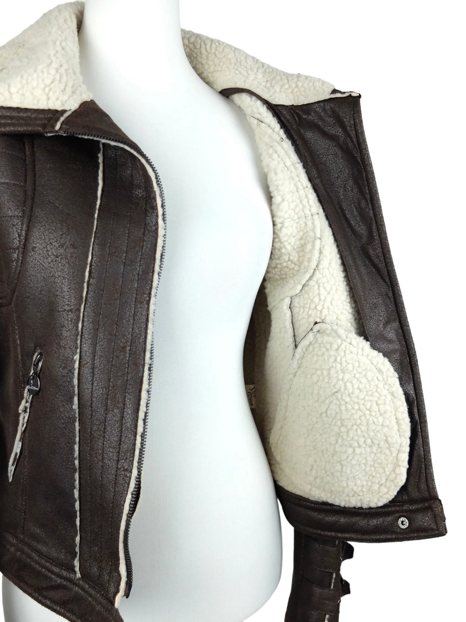 Vintage 2000s Y2K Moto Brown & Cream Faux Shearling Fleece Zip Up Faux Leather Jacket with Buckle Details