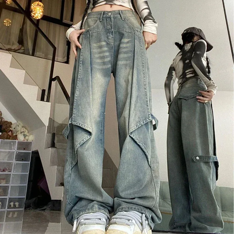 Vintage High Waist Blue Spliced Wide Leg Jeans