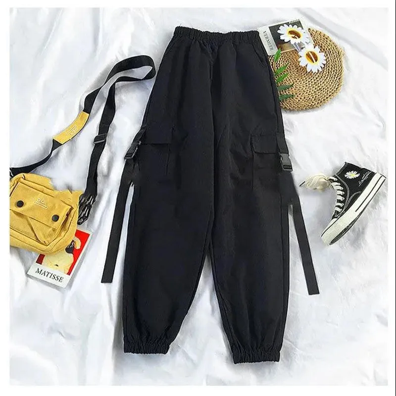 Wenkouban Autumn Streetwear Pants High-Waist Straight Ribbon Cargo Pants Student Loose Short-Sleeved Shirt with Tie two-piece Set