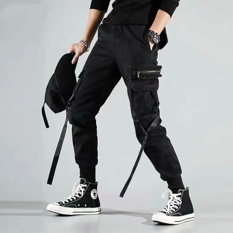 Wenkouban Back To School  Black Cargo Pants For Men Joggers Sweatpants Cargo Trousers Male Autumn Casual Gothic Streetwear Hip Hop Ribbon