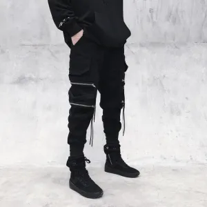 Wenkouban Back To School  Black Cargo Pants Punk Pants Punk Rave Joggers Men Jogging Autumn Korean Streetwear Hip Hop Zipper Ribbon