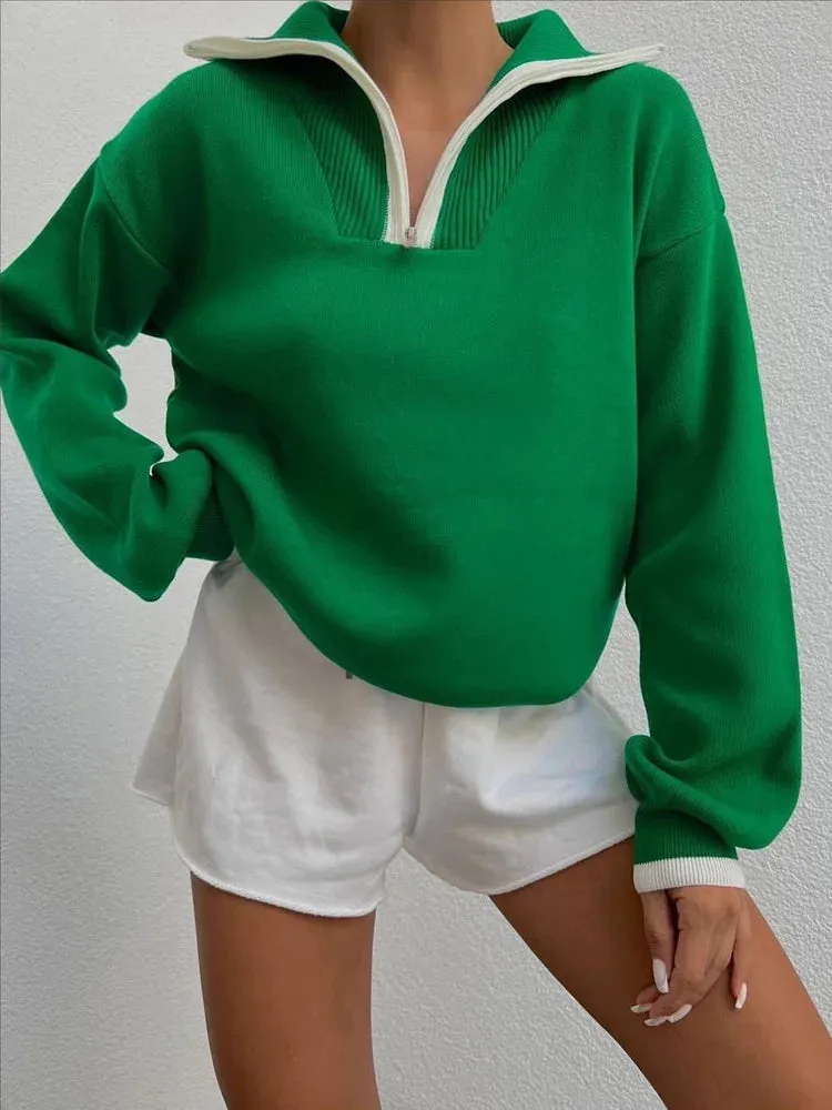 Wenkouban-Christmas Thanksgiving outfits_Thick Green TurtleNeck Polo Zipper Casual Loose Streetwear Christmas Sweater