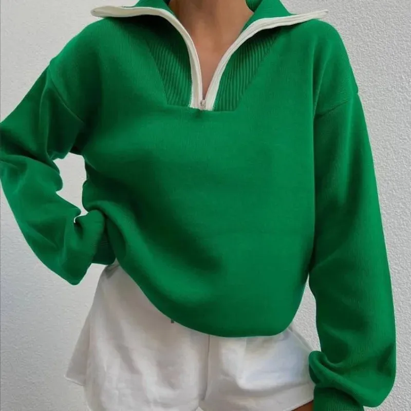 Wenkouban-Christmas Thanksgiving outfits_Thick Green TurtleNeck Polo Zipper Casual Loose Streetwear Christmas Sweater