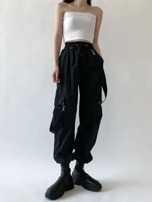 Wenkouban Goth Cargo Pants Women Punk Capris Pants Harajuku High Waist Pants Oversize Detachable Strap Casual Trousers Emo Techwear