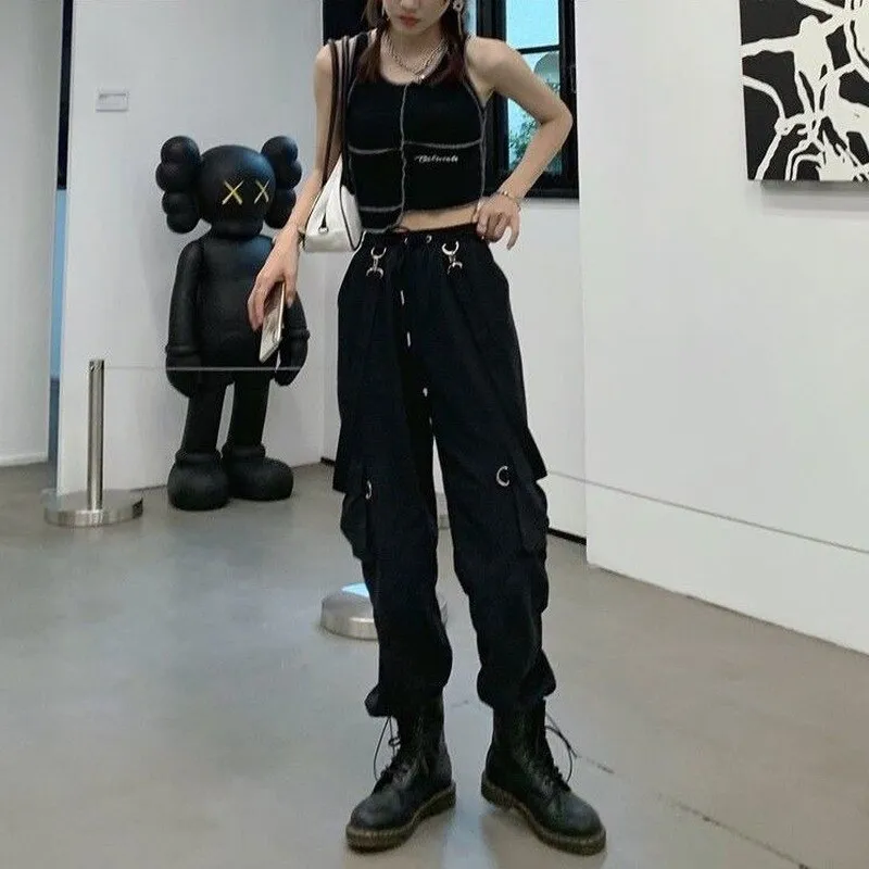 Wenkouban Gothic Cargo Pants Women Harajuku Black High Waisted Hippie Streetwear Kpop Oversize Mall Goth Wide Trousers For Female