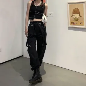 Wenkouban Gothic Cargo Pants Women Harajuku Black High Waisted Hippie Streetwear Kpop Oversize Mall Goth Wide Trousers For Female