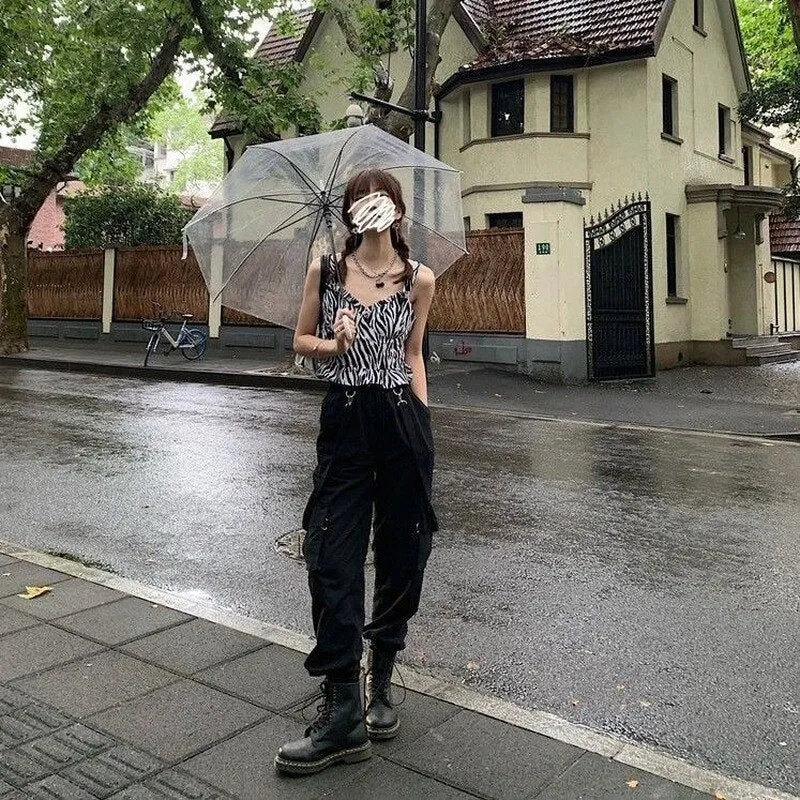 Wenkouban Gothic Cargo Pants Women Harajuku Black High Waisted Hippie Streetwear Kpop Oversize Mall Goth Wide Trousers For Female