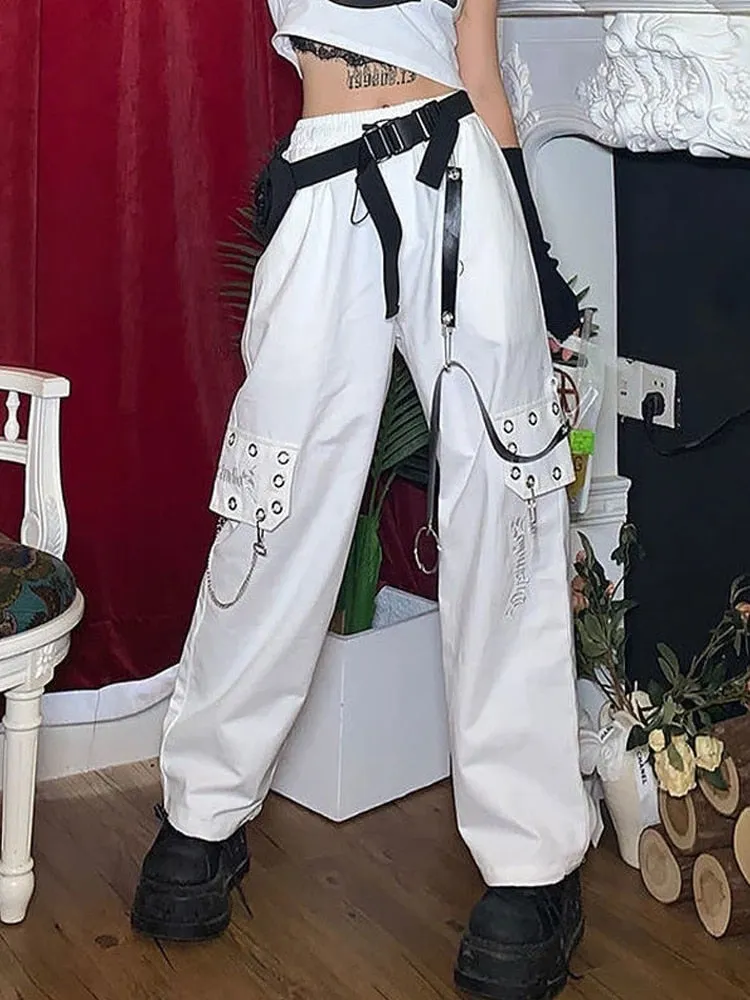 Wenkouban Gothic Harajuku Black Cargo Pants Women Chain Wide Leg Goth Hippie Streetwear White Trousers Loose Female Baggy Fashion