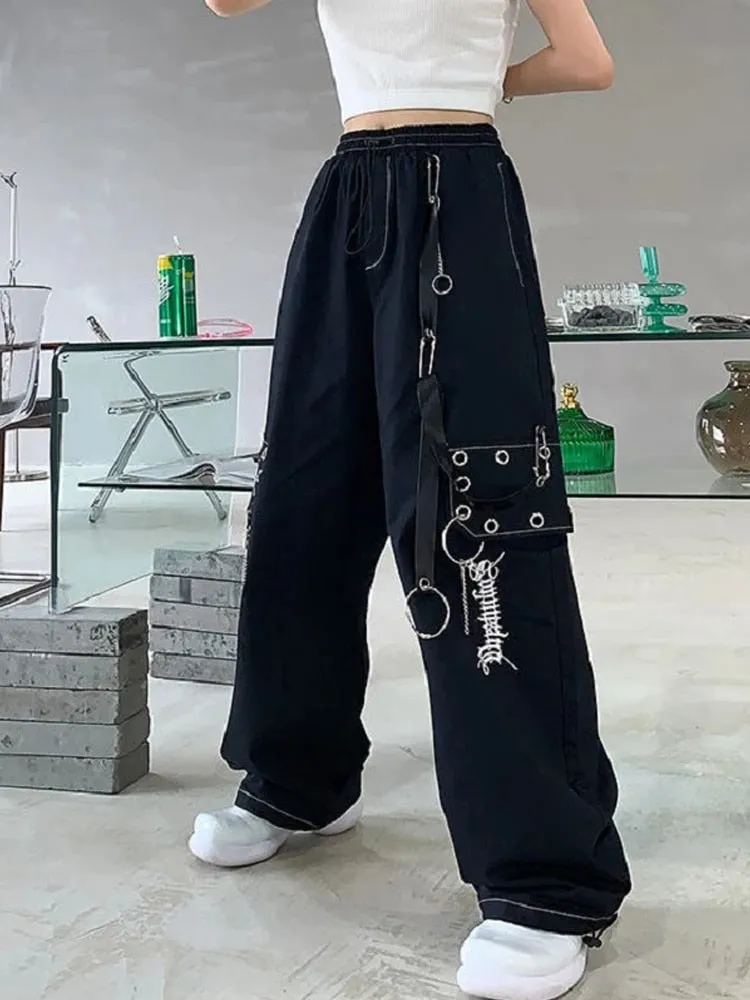 Wenkouban Gothic Harajuku Black Cargo Pants Women Chain Wide Leg Goth Hippie Streetwear White Trousers Loose Female Baggy Fashion