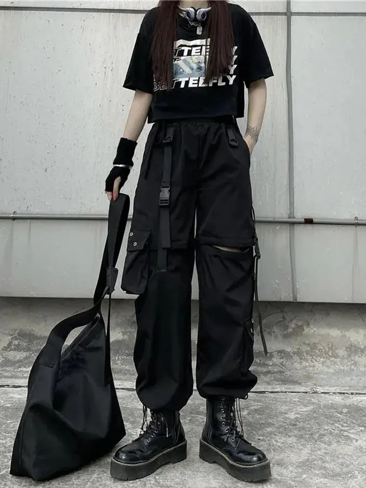 Wenkouban Techwear Gothic Detachable Cargo Pants Women Emo Harajuku Oversize Pockets Hollow Out Joggers Trousers Female Hippie Punk