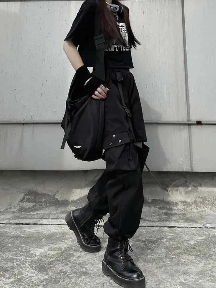 Wenkouban Techwear Gothic Detachable Cargo Pants Women Emo Harajuku Oversize Pockets Hollow Out Joggers Trousers Female Hippie Punk