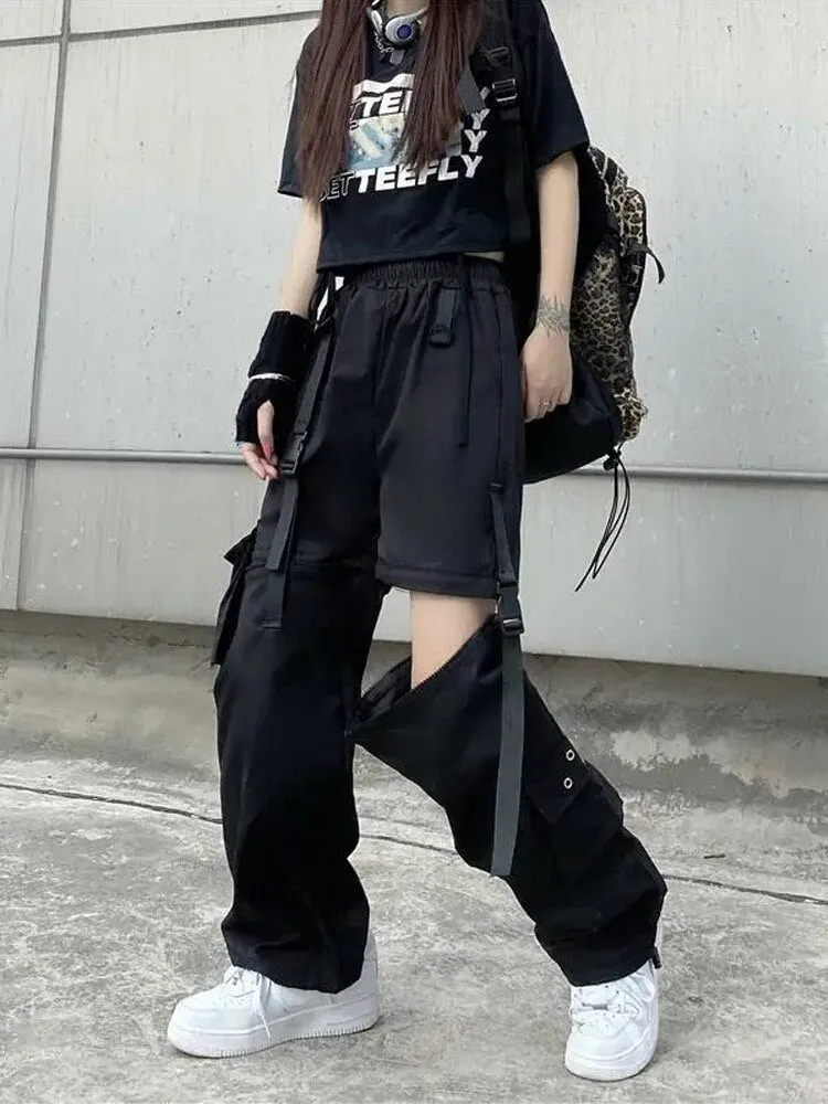 Wenkouban Techwear Gothic Detachable Cargo Pants Women Emo Harajuku Oversize Pockets Hollow Out Joggers Trousers Female Hippie Punk