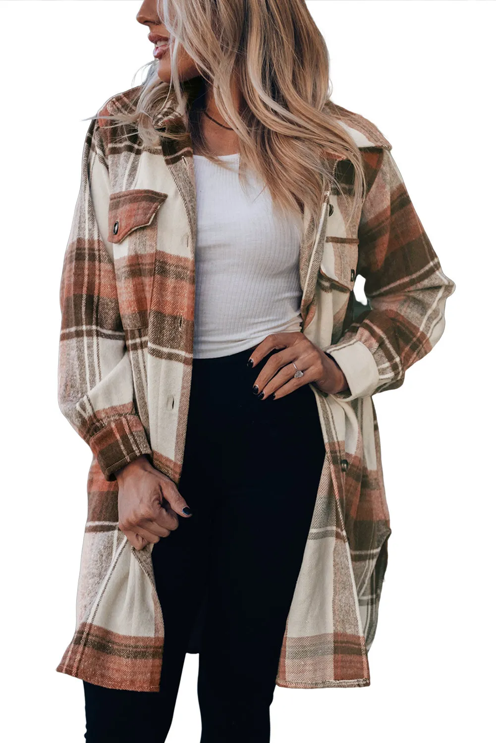 Wholesale Brown Plaid Casual Button Up Flannel Long Shacket with Flap Pockets