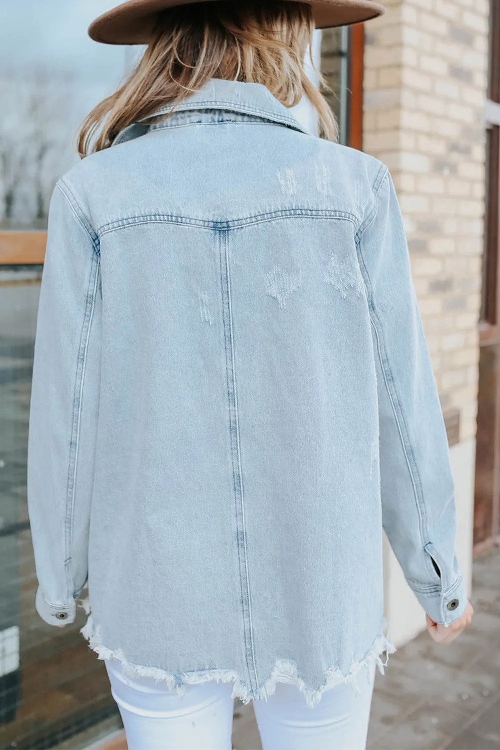 Wholesale Light Blue Flap Pocket Buttoned Raw Hem Denim Shacket