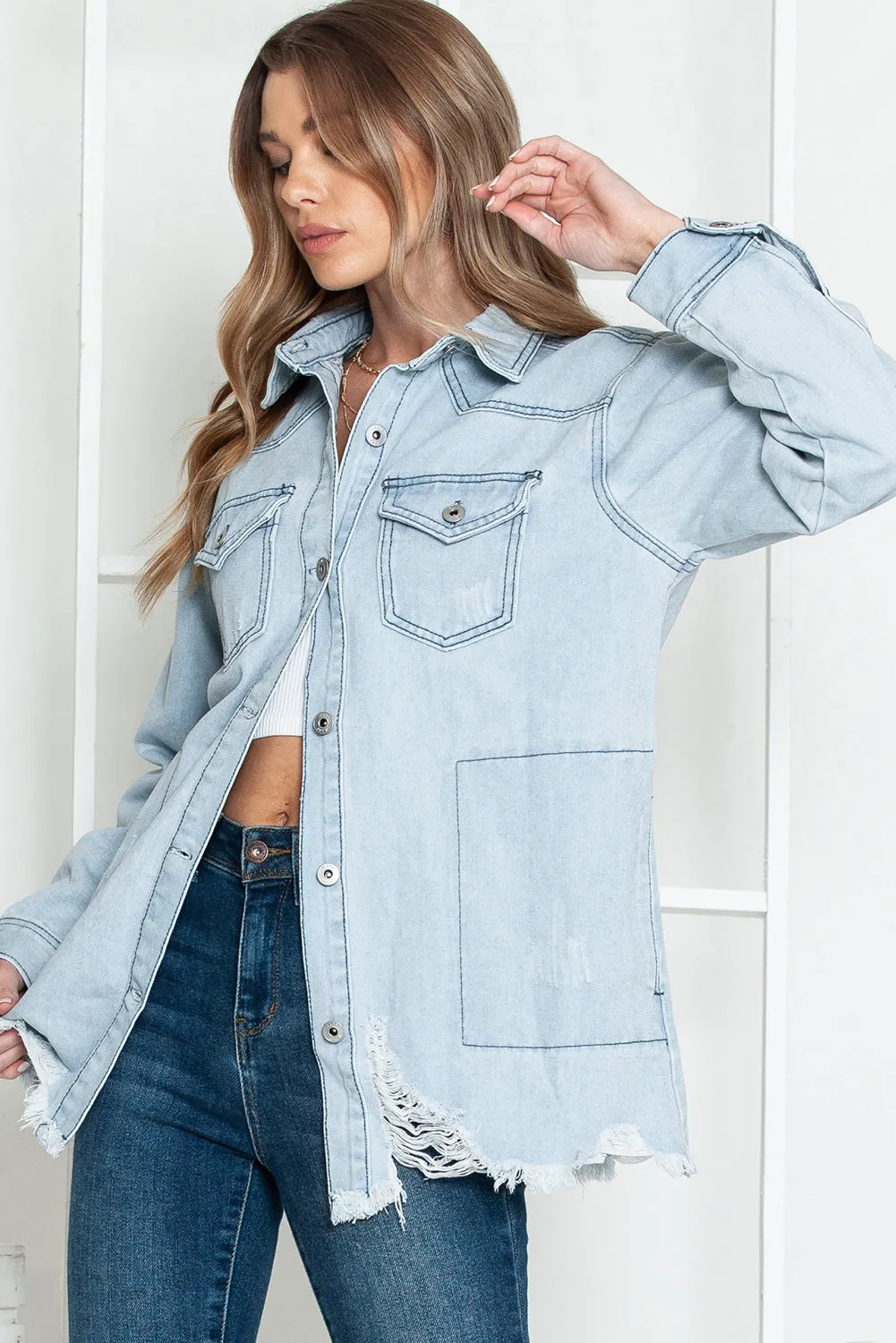 Wholesale Light Blue Flap Pocket Buttoned Raw Hem Denim Shacket