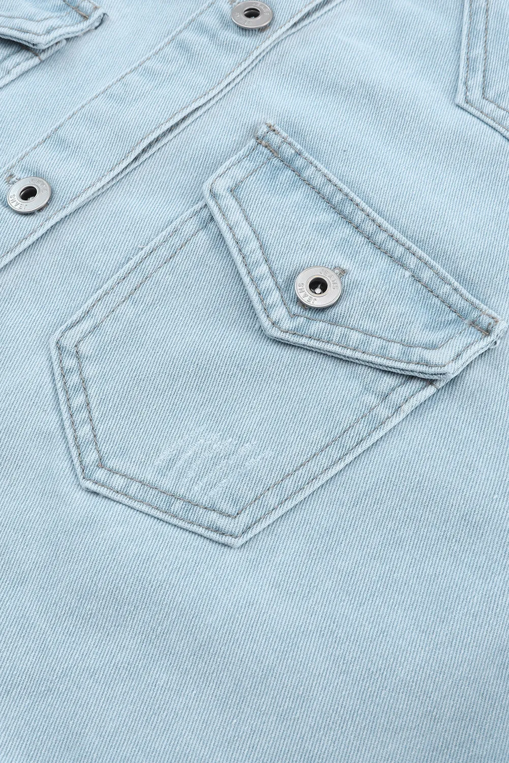 Wholesale Light Blue Flap Pocket Buttoned Raw Hem Denim Shacket