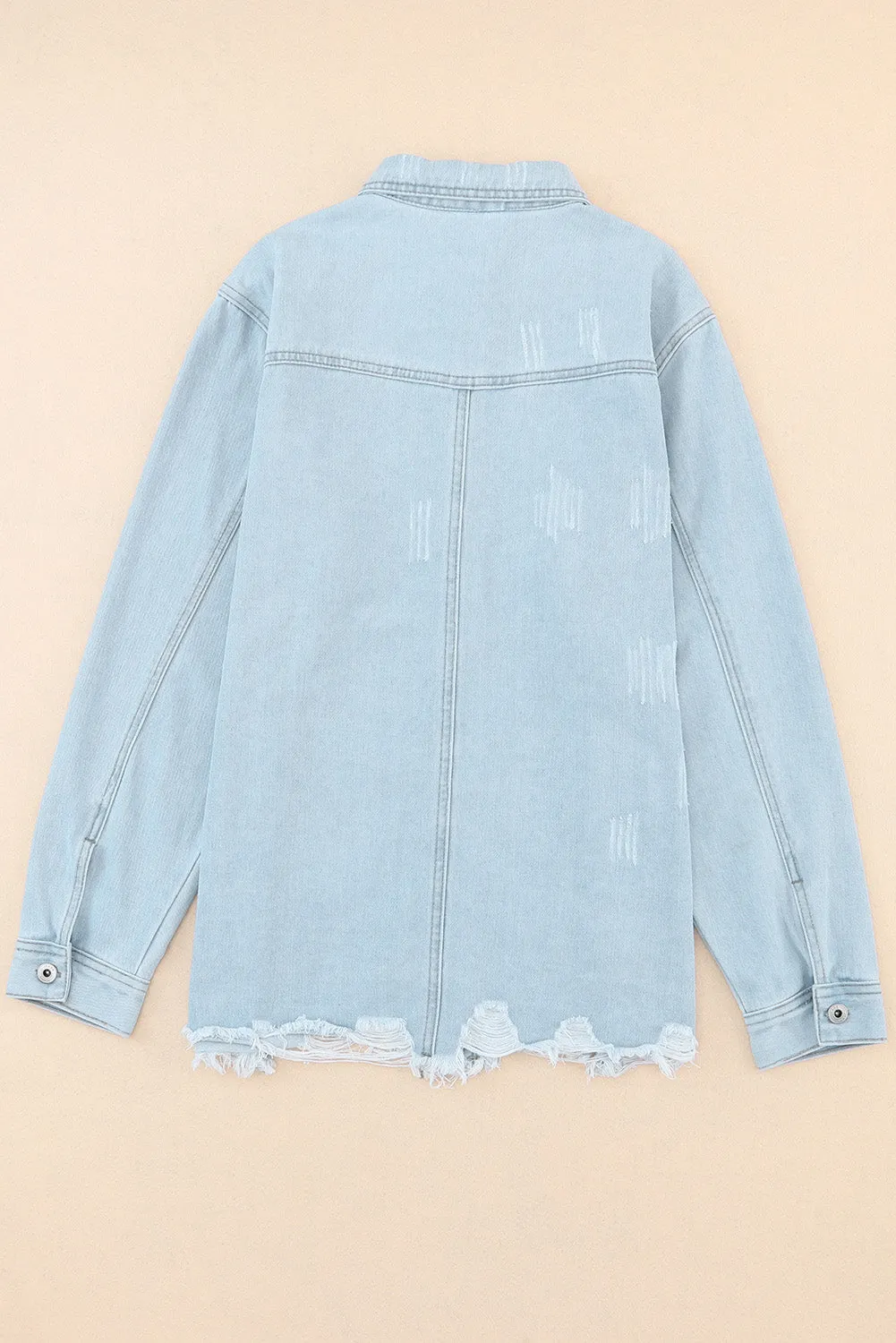 Wholesale Light Blue Flap Pocket Buttoned Raw Hem Denim Shacket