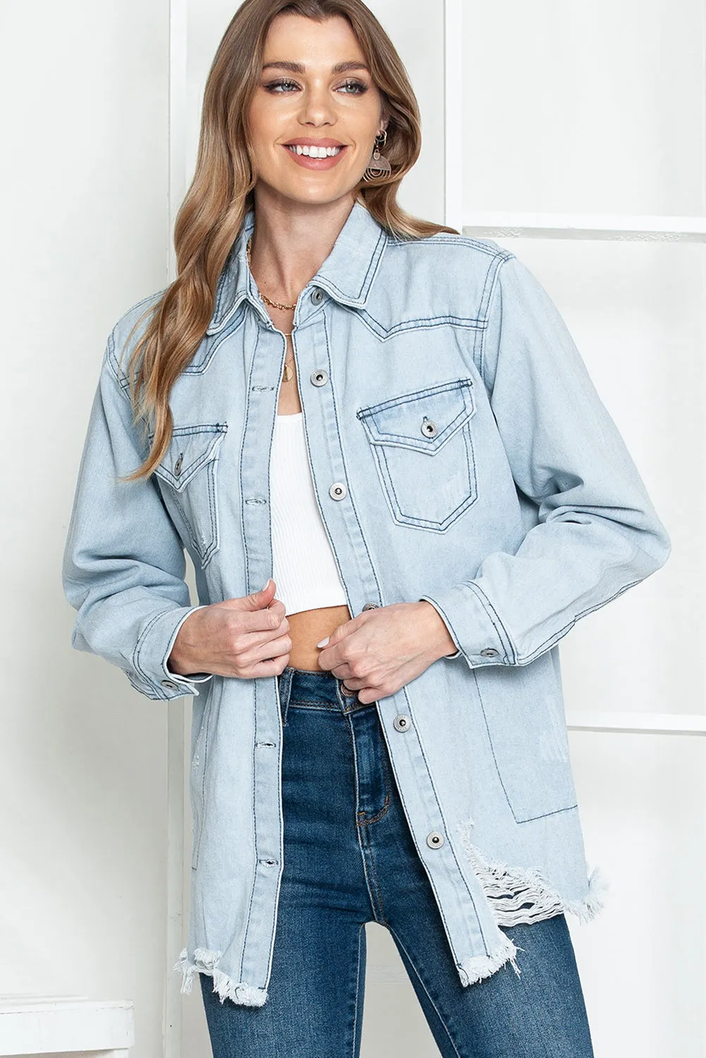 Wholesale Light Blue Flap Pocket Buttoned Raw Hem Denim Shacket