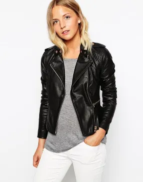 Women Real Lambskin Leather Biker Jacket KW075