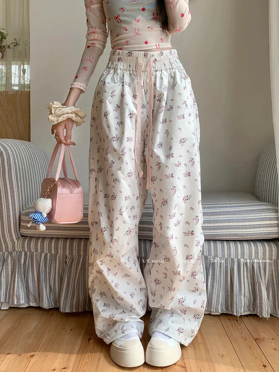 Y2k Baggy Drawstring Joggers Straight Streetwear Floral Casual Embroidery Cargo Wide-leg Pants