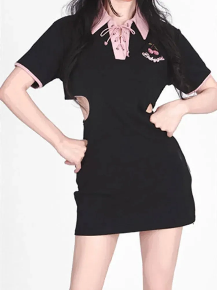 Y2k Letter Embroidery Bodycon Dress Women Hollow Out Bandgae Kawaii Black Short Sleeve Mini Dresses Korean Fashion