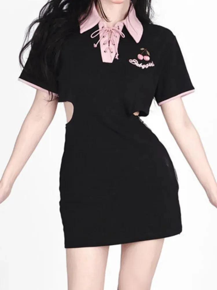 Y2k Letter Embroidery Bodycon Dress Women Hollow Out Bandgae Kawaii Black Short Sleeve Mini Dresses Korean Fashion