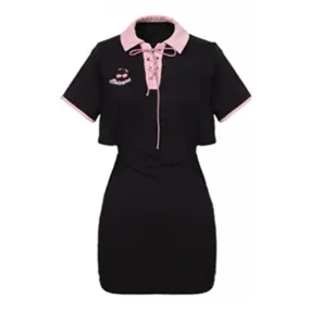 Y2k Letter Embroidery Bodycon Dress Women Hollow Out Bandgae Kawaii Black Short Sleeve Mini Dresses Korean Fashion