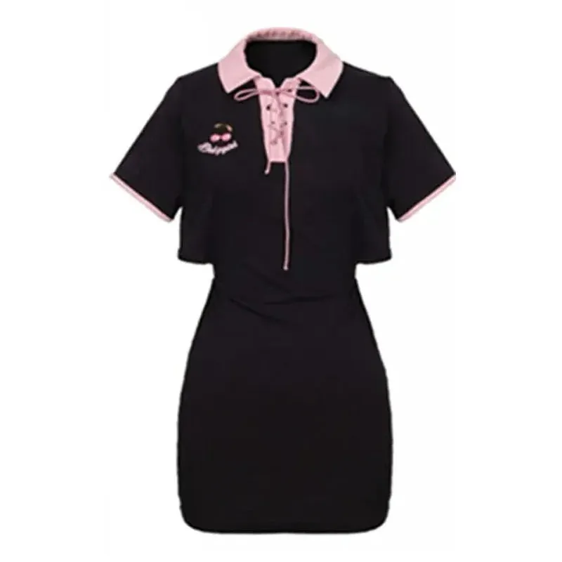 Y2k Letter Embroidery Bodycon Dress Women Hollow Out Bandgae Kawaii Black Short Sleeve Mini Dresses Korean Fashion