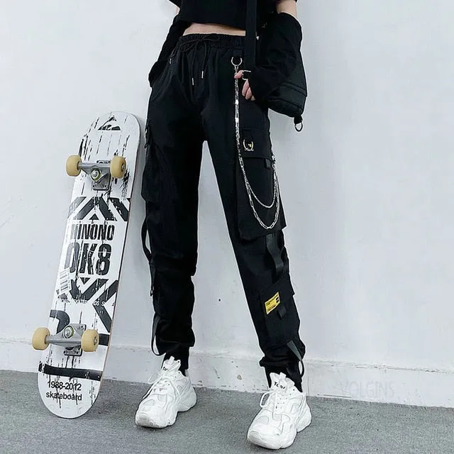 Yeknu Streetwear Cargo Pants Women Casual Joggers Black High Waist Loose Female Trousers Korean Style Ribbon Ladies Pants